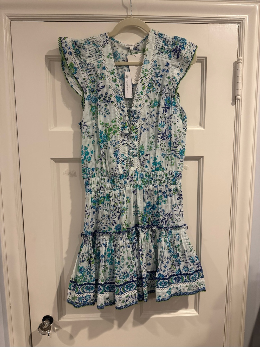 Poupette St. Barth White Dress with Blue & Green Floral Print